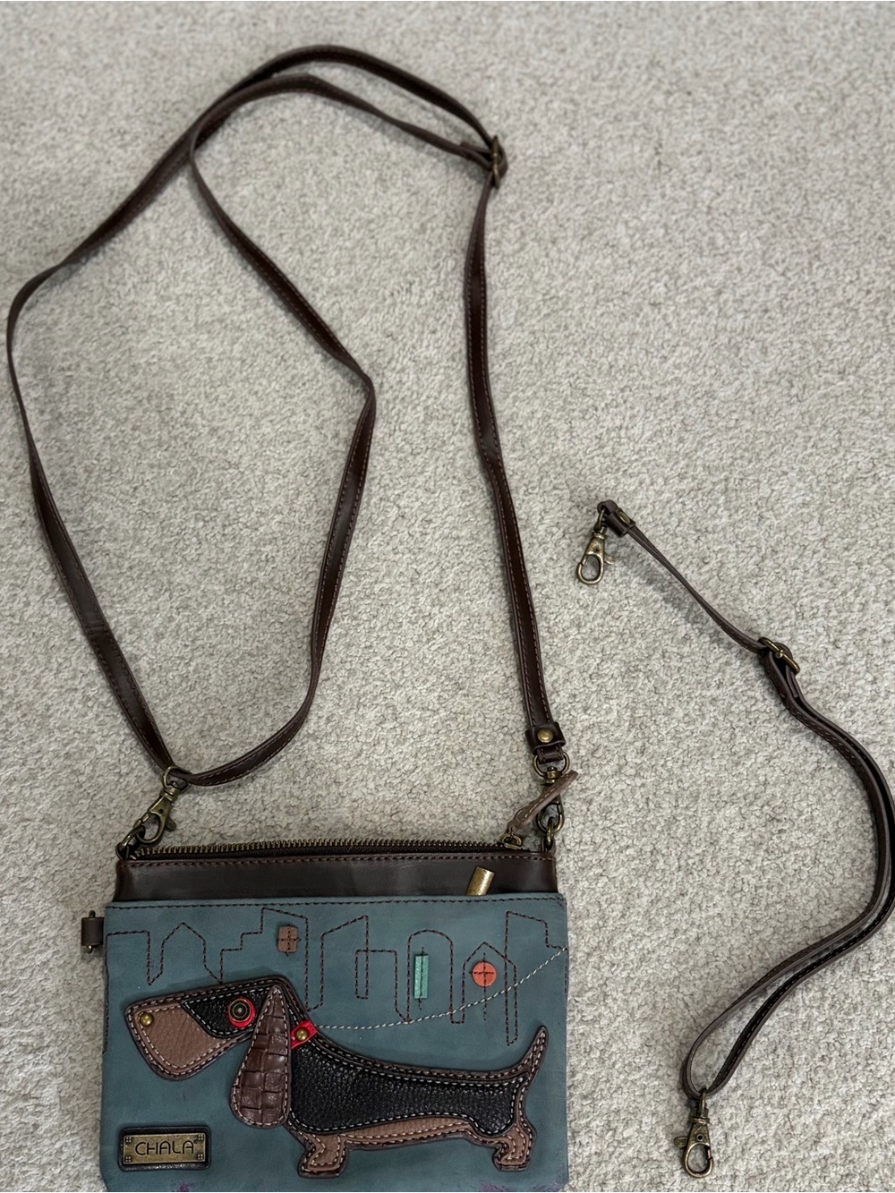 NWOT Chala Dachshund Wiener Dog Bag in Indigo & Brown, 2 Adjustable Straps - Picture 12 of 12
